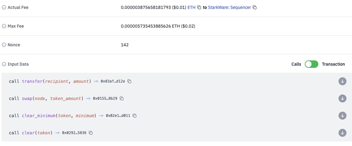 AbdelStark's tweet photo. 1 cent swaps on Starknet right now.
And that without losing on security, wrapped in a multicall to not allow security flaws of the ERC-20 allowance mechanism.
1-click affordable DeFi for everyone.
What are you waiting to swap on Starknet anon ? https://t.co/ednQGUWg8e