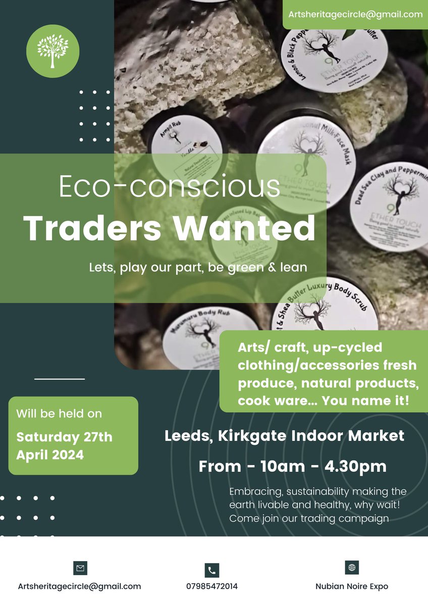 We have spaces left for eco-businesses and entrepreneurs wanting to showcase their eco-friendly products/ services. Feel free to email us at Nubiannoireuk@hotmail.co.uk for further info @NewEconKirklees @LeedsECO @LeedsEcoEvo @GreenLeeds @LeedsInspired @ShantonaLeeds @AlizaAyaz_