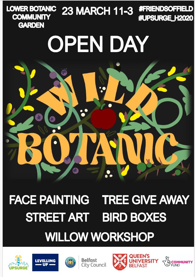 There will be a range of activities including mural painting, bird box making, a willow workshop and tree giveaway supported by @belfastcc @greenatqueens @TNLComFundNI, @RSPBNI and @belfasthills.