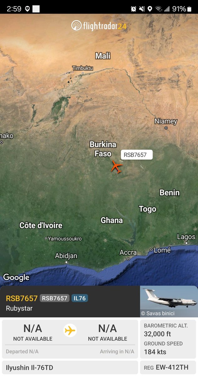 Borrowed7Time's tweet photo. Rubystar Il-76TD EW-412TH #60005F as RSB7657 following its sister freighter north over Burkina Faso. Unknown departure location, possibly Accra or Lomé, where flight had arrived on 13 March.
@Dinlas3 @Nomade_Sahelien @WAAT_Band https://t.co/Y0FGAFZjK6