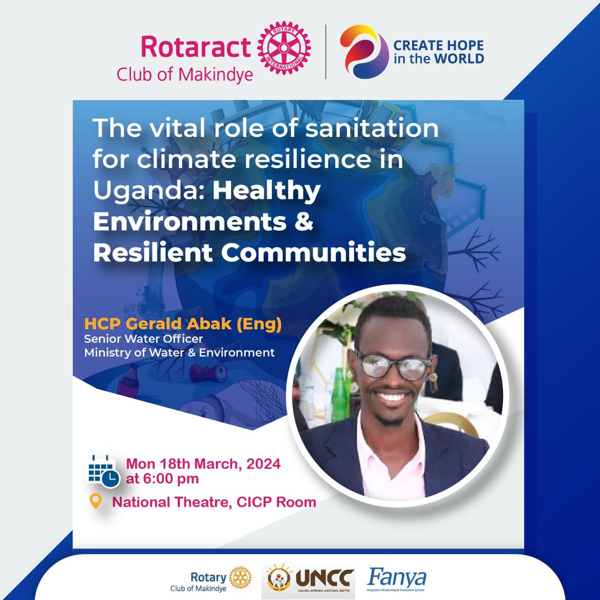 'Healthy environment =Healthy Mind hence Wealthy Life' Comrades, let's gather and learn from the expert. HCP Eng. Gerald Abak of @RctKlaSsese1 Monday 18th March at National Theatre, CICP at 6pm. #WeLoveHostingYou #WeAreTheMankind.