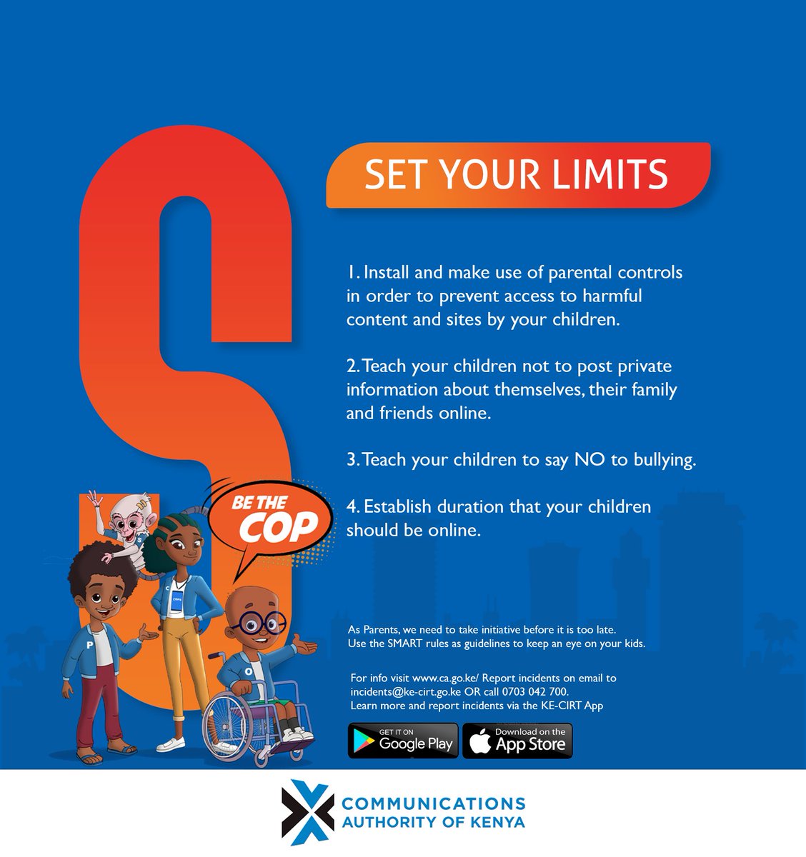 parentsafrica's tweet photo. Stay SMART! Get practical tips for child online safety from the Communications Authority of Kenya. Start by setting limits with parental controls.
@CA_Kenya
#OnlineSafety #ParentingTips #BeTheCop #parentsmagazine https://t.co/vK5R3R2qqA