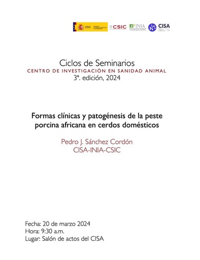 #EventosINIA El próximo miércoles 20 de marzo, a las 9:30h, dentro del ciclo de seminarios del @CISA_INIA_CSIC, Pedro Sánchez-Cordón nos hablará de las formas clínicas y patogénesis de la peste porcina africana en cerdos domésticos inia.es/eventos/Pages/…