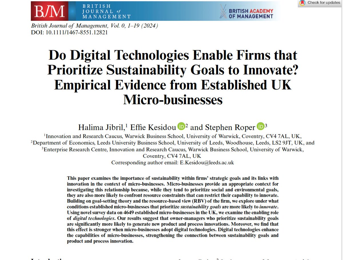 Prof. Effie Kesidou_econ (@effie_kesidou) on Twitter photo 💡Do Digital Technologies Enable Firms that Prioritize Sustainability Goals to Innovate? Empirical Evidence from Established UK Micro-businesses
with <a href="/haalyjibril/">Halima Jibril</a> & <a href="/SteveRop/">stephen roper</a>
onlinelibrary.wiley.com/doi/epdf/10.11…
<a href="/ERC_UK/">Enterprise Research Centre (ERC)</a>
<a href="/bam_ac_uk/">British Academy of Management</a>
@LeedsUniBSchool 💡Do Digital Technologies Enable Firms that Prioritize Sustainability Goals to Innovate? Empirical Evidence from Established UK Micro-businesses
with <a href="/haalyjibril/">Halima Jibril</a> & <a href="/SteveRop/">stephen roper</a>
onlinelibrary.wiley.com/doi/epdf/10.11…
<a href="/ERC_UK/">Enterprise Research Centre (ERC)</a>
<a href="/bam_ac_uk/">British Academy of Management</a>
@LeedsUniBSchool