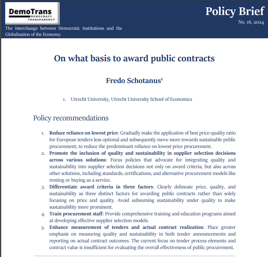 📄 New Policy Brief | On what basis to award public contracts? 🔍 Discover our latest #PolicyAnalysis by @FredoSchotanus (@USE_UU) on a brief history and outlook on supplier selection models that include price only, price and quality or price, quality, and sustainability.🧵