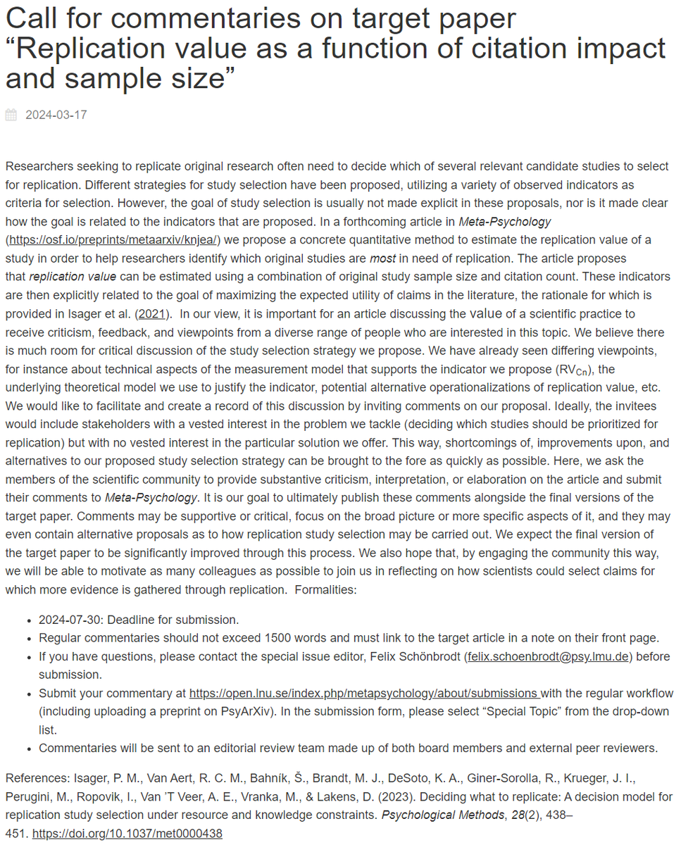 Peder M Isager (@peder_isager) on Twitter photo Interested in replication research? Consider writing a commentary for the next special issue in <a href="/Meta_Psy/">Meta-Psychology</a>, which will publish critiques of the article "Replication value as a function of citation impact and sample size"! (full call text in image) Interested in replication research? Consider writing a commentary for the next special issue in <a href="/Meta_Psy/">Meta-Psychology</a>, which will publish critiques of the article "Replication value as a function of citation impact and sample size"! (full call text in image)