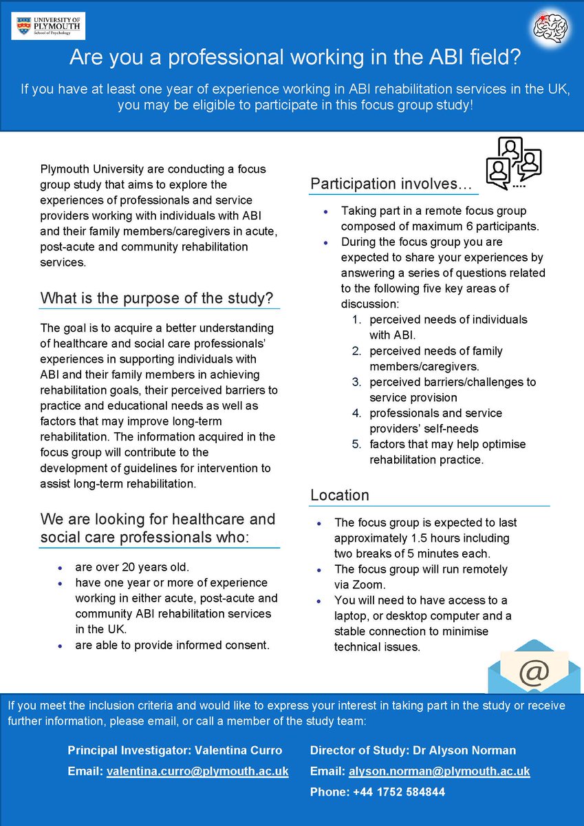 Are you a professional working with people with acquired brain injury and their family members in ACUTE and/or POST-ACUTE rehabilitation? Please, consider participating in this focus group study on the experiences of ABI professionals. We would like to hear from you!