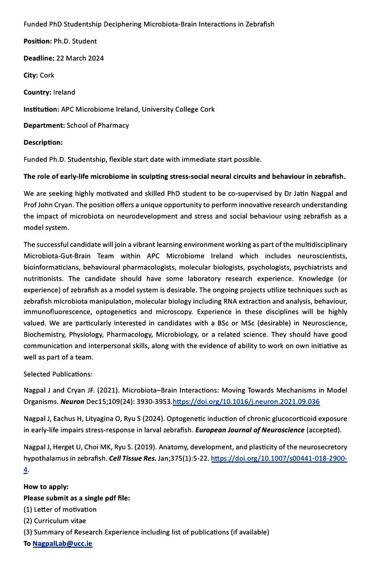 📢Last week to apply for this fully-funded #PhD position with me and @jfcryan. #neuroscience #microbiome #zebrafish #AcademicJobs #Research 🐟 🧠 🦠 🔬🧬🥼🇮🇪