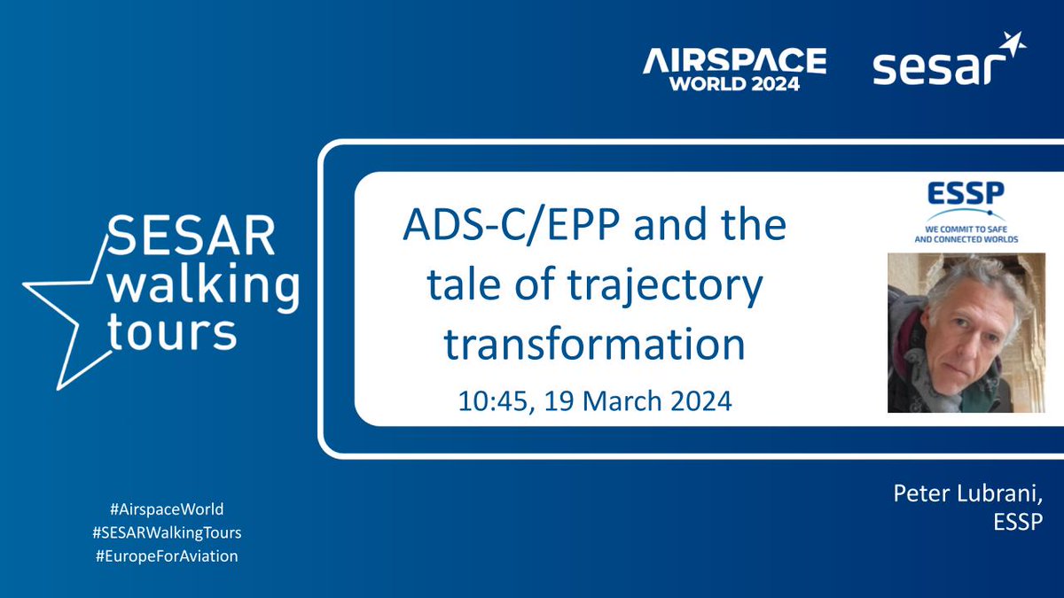 🔔Tomorrow at #AirspaceWorld don't miss the session 'ADS-C/EPP and the tale of trajectory transformation' presented by Peter Lubrani from @ESSPSAS during the #SESARWalkingTours! 

The visit will delve into the latest developments of the ADS-C and CS common services by #HERON👇