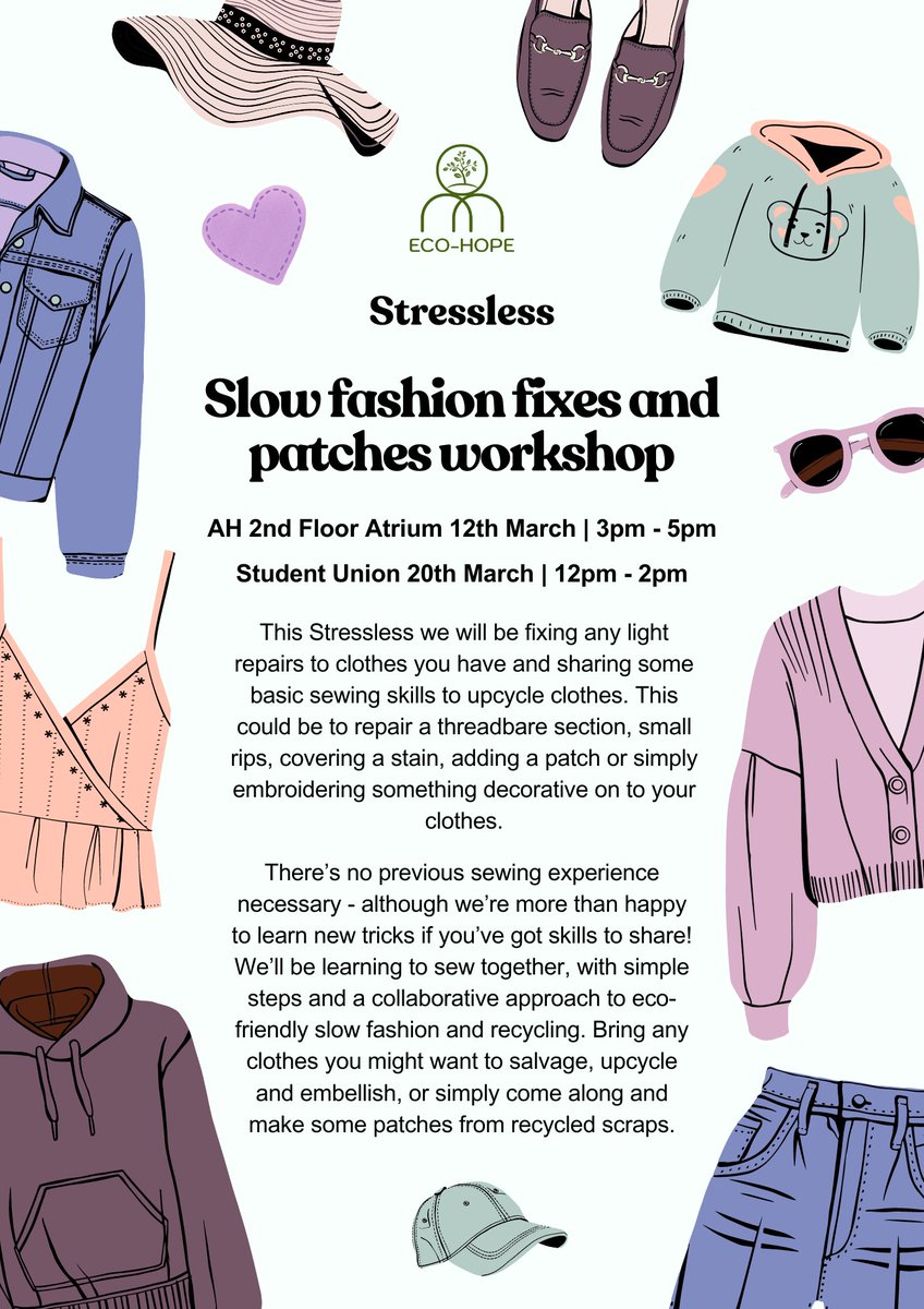 ✂ Slow fashion fixes and patches workshop. Make a light repair and upcycle some clothes. ⭐️When: 20th March 12-2pm Students Union. @CCCUStudents