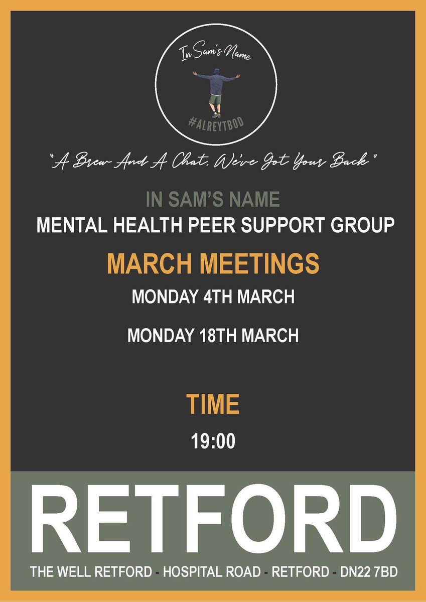 We have a double meeting taking place for our Mansfield and Retford groups this evening. In Sam’s Name is a safe place to go and talk, if these groups appeals to why come along and join us. #mentalhealth #alreytbod #mansfield #retford #bassetlaw #community #postivity