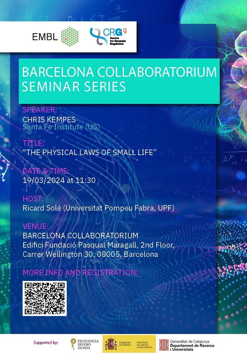 This week we will not have one but two seminars! 🗣️@ChrisKempes(@sfiscience) 📢The physical laws of small life 📅 19/03-11:30 ➕Register:tinyurl.com/ysszyzuk 🗣️Jordi Mestres(@univgirona) 📢An AI Engine for Deep Drug Discovery 📅21/03-10:00 ➕Register: tinyurl.com/mrybfxku