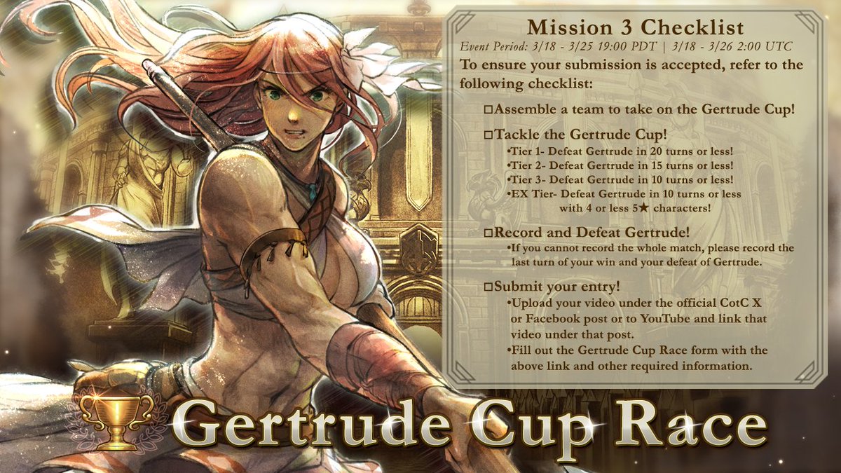 ⚔The Gertrude Cup Race Returns!⚔

Take on the master apothecary herself Gertrude with the Gertrude Cup Race!
✍Event Period: 3/18 09:00 UTC - 3/26 02:00 UTC

Be sure to fill out the Gertrude Cup Race form:
forms.gle/QKjKhHSTjGqUaT…