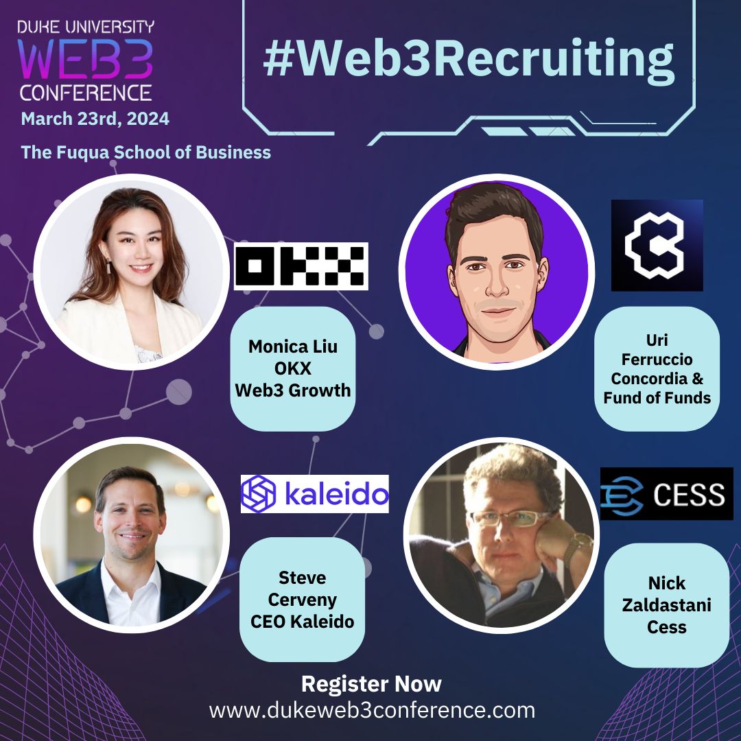 CESS_Storage's tweet photo. 🚀 #Web3Recruiting is heating up at Duke University Web3 Conference! #DW3C @DukeU🎓
🎉 Excited for this year's #Web3 Recruiting Panel at the conference's end, featuring insights from OKX @okx, Kaleido @Kaleido_io, Concordia and #CESS! Discover the #CESS data value network and seize the opportunity to uncover the secrets of #Web3 career success!
🔮 Join us and be part of the wave and explore the exciting agenda👉https://t.co/xmw81nzDtl