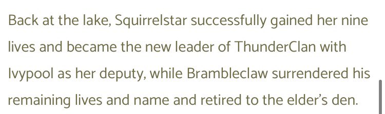 The warrior cats website has just confirmed that Squirrelstar did indeed get nine lives, so we can probably put speculation that she didn’t to rest now.