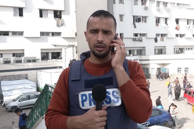 BREAKING: Israeli occupation soldiers arrest Al Jazeera correspondent Ismael Al Ghoul after beating him up inside the Al Shifa Medical Complex in Gaza City.