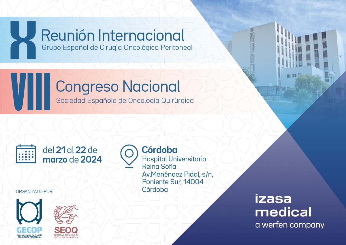 IzasaMedical's tweet photo. El próximo 21 y 22 de marzo estaremos presentes en la X Reunión Internacional - VIII Congreso Nacional de la SEOQ, que se celebrará en el Hospital Universitario Reina Sofía de Córdoba.
¡Os esperamos🙋♀️!
🗓️ 21 y 22 de marzo
📌 Córdoba
#IzasaMedical #GECOP #SEOQ #HIPEC #CarcinomatosisPeritoneal