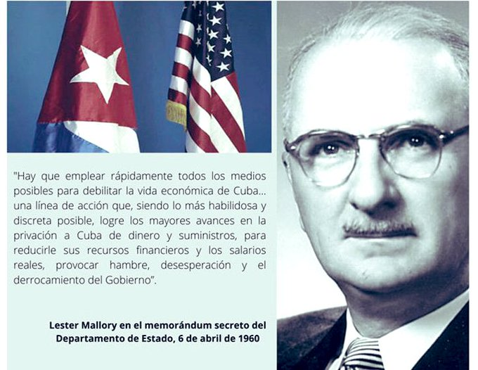 Desde 1960 se diseñaron las reales intenciones de EEUU contra #Cuba:
➡️privación a Cuba de dinero y suministros para reducirle sus recursos financieros y los salarios reales

➡️provocar hambre, desesperación y el derrocamiento del gobierno.

#BloqueoGenocida
