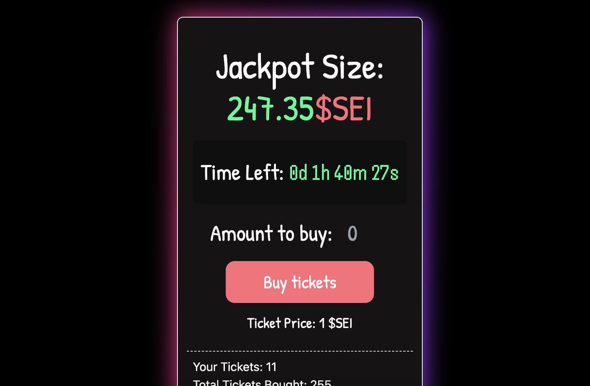🚀In just 1 hour and 40 minutes, someone is going to win 247 SEI worth $212 at the time of writing. 

Make sure to play ASAP and take your chances!! ☘️
All players will be rewarded. 🧠

Find the lottery here: lottery.jointhetrench.com