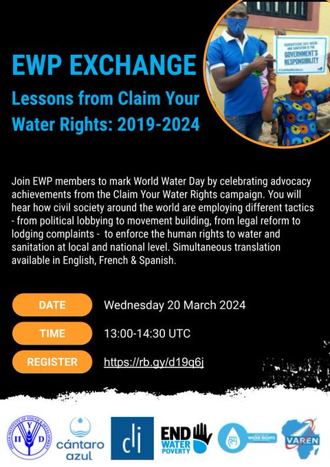 REMINDER: On Wednesday EWP members from 🇮🇳,🇲🇽,🇳🇬,🇵🇰 &🇿🇲will share their experiences of employing different tactics to enforce the human rights to water & sanitation locally & nationally. #ClaimYourWaterRIghts Translation available in🏴󠁧󠁢󠁥󠁮󠁧󠁿/🇫🇷/🇪🇸 Register➡️us02web.zoom.us/webinar/regist…