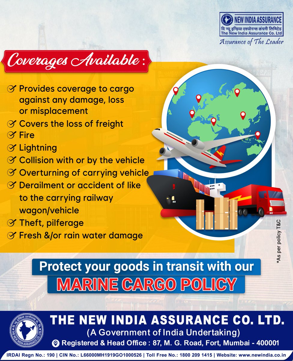 Protect your goods in transit with our Marine Cargo Policy

#insurance #marineinsurance #MarineCargo #Marinecargoinsurance