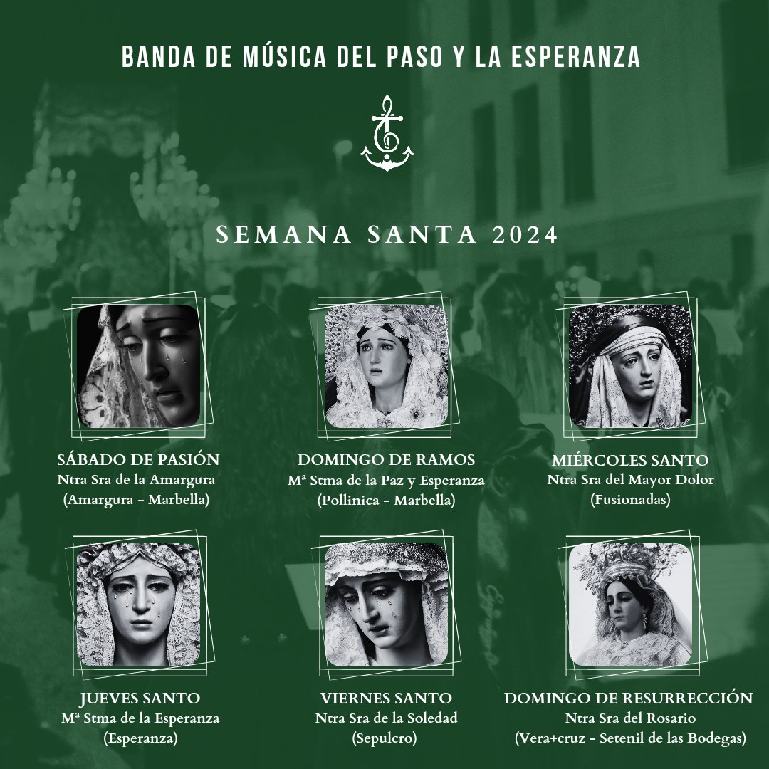🔊𝐀𝐆𝐄𝐍𝐃𝐀| Os compartimos nuestro calendario de acompañamientos de cara a la Semana Santa 2024.

¡Gracias por la confianza depositada en nuestra música! ✨💚

#BMEsperanza ⚓
#SSanta24