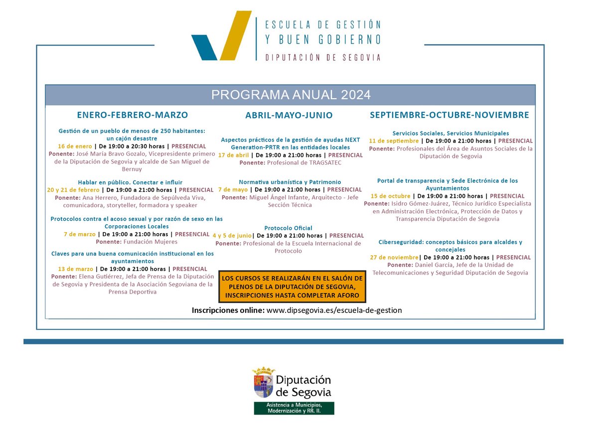 📣 Programa Escuela de Gestión y Buen Gobierno 📆 17 de abril 📍 ´ Aspectos prácticos de la gestión de ayudas NEXT Generation - PRTR en las entidades locales´ 🕗 19:00 horas 📝 Inscripciones online👇 dipsegovia.es/la-institucion…