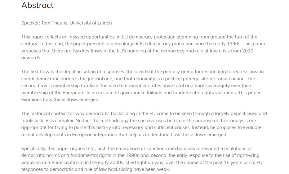 join us online tomorrow afternoon for the @ECPR_SGEU seminar 'Depoliticisation and membership fatalism: A genealogy of EU democracy protection'. Speaker: @TomTheuns Discussant: @cjbickerton March 19, 4 pm CET  #ECPRSeminars ecpr.eu/Events/Event/P…