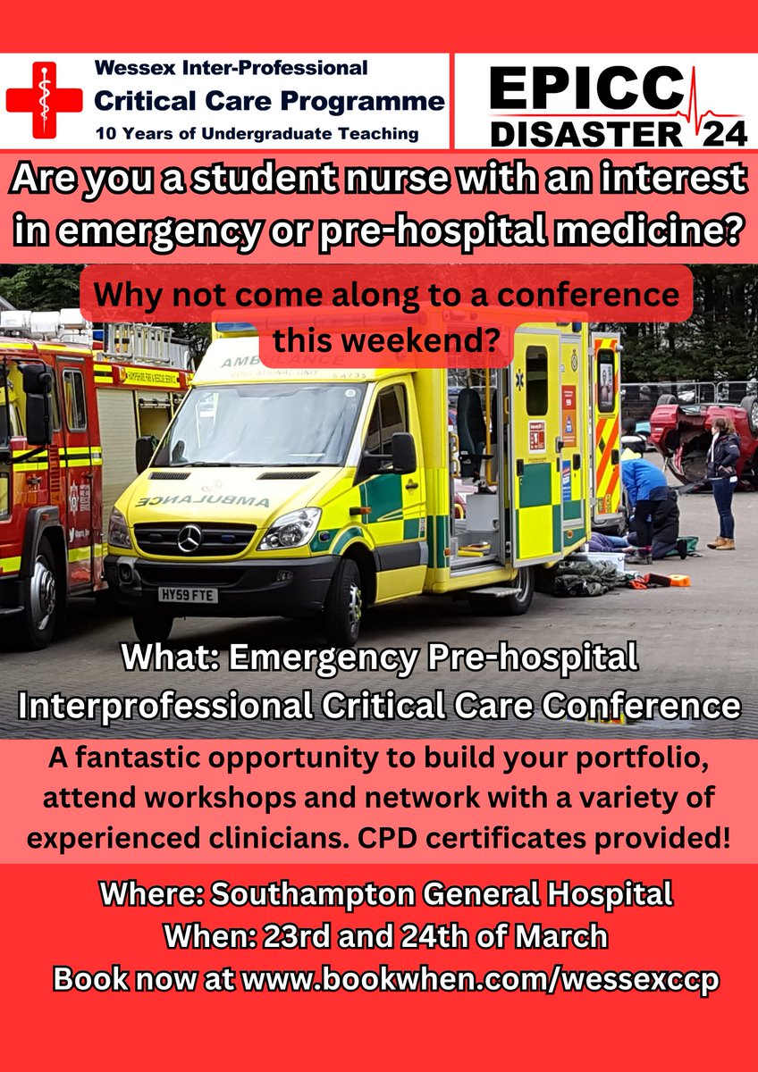 🚑Are you a student nurse interested in emergency medicine, the pre-hospital environment or critical care?🚑 Buy a ticket: bookwhen.com/wessexccp A fantastic opportunity to attend workshops and lectures led by experienced clinicians! CPD certificates provided! ✅