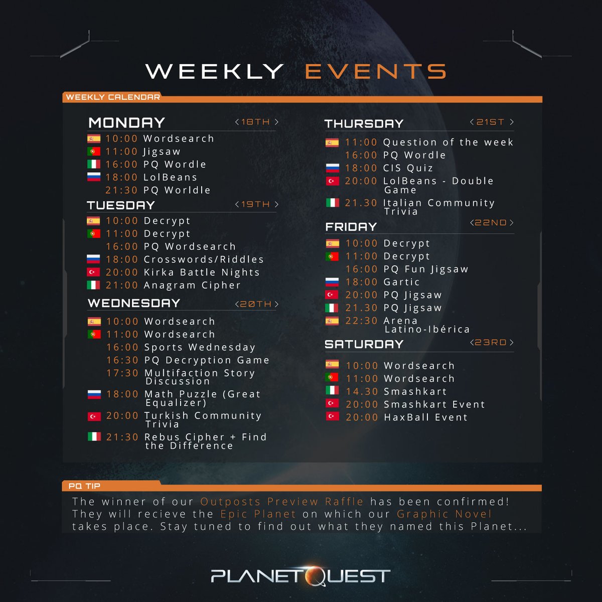 Weekly Community #PQEvents Overview! ✨ All times are CET ⏰ and stay tuned to find out who the winner of our Outposts #giveaway will be! 🚀
