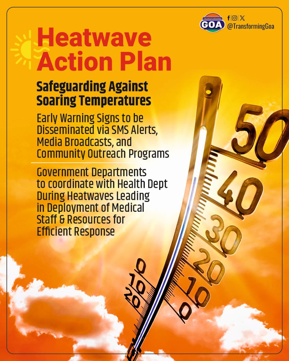 TransformingGoa's tweet photo. Heatwave Action Plan; Safeguarding Against Soaring Temperatures

#goa #GoaGovernment #TransformingGoa  #bjym #bjymgoa
#HeatwavePreparedness #PublicHealth #CommunityOutreach #GovernmentInitiative #EmergencyResponse #EarlyWarningSystem #HeatwaveSafety #medicaldeployment https://t.co/P77YVWNxiC