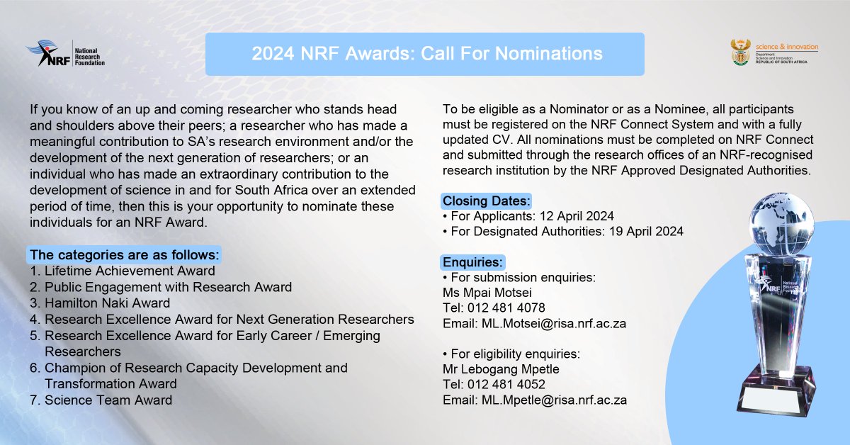 Do you know of a researcher who has made a meaningful contribution to SA’s research environment? The NRF invites nominations for the 2024 NRF Awards. Please follow this link for details: nrf.ac.za/2024-nrf-award…. Deadline for nominations: 12 April 2024