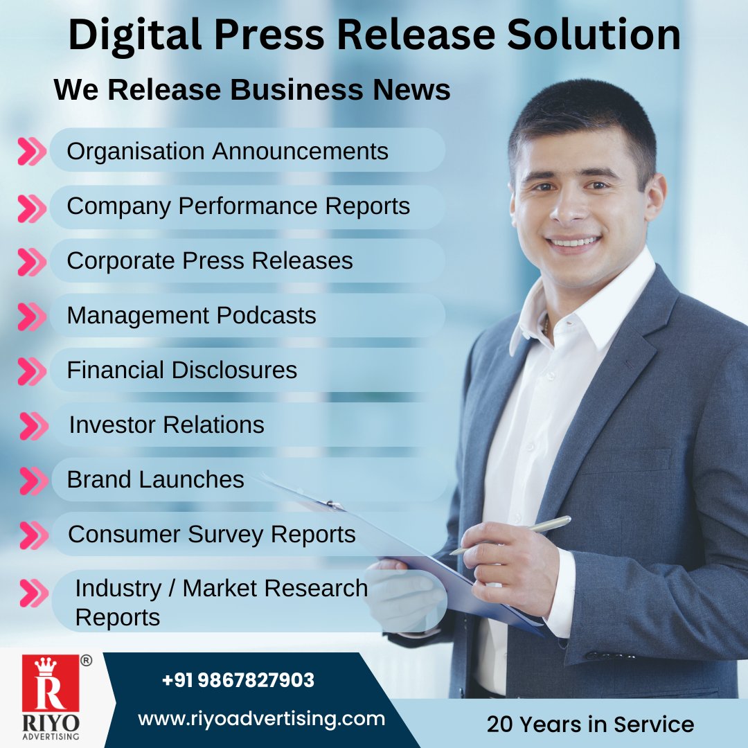 digitalpressR's tweet photo. Publish your First Press Release with top Media Network.
Reach Millions with Press Release. Guaranteed Brand Boost.
Huge Media Exposure.
#pressrelease #pressreleasedistribution #digitalpressrelease #brandreach #newsworthy #digitalmarketing #mediaexposure #media #news #digitalnews https://t.co/0jrMjLouHb