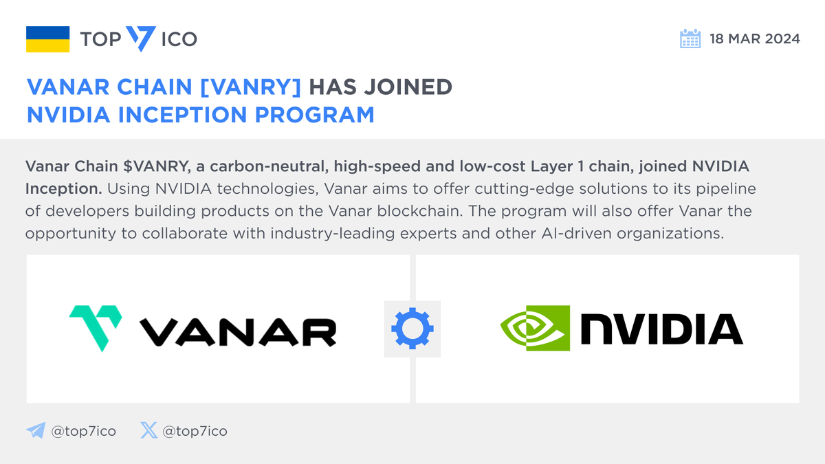 Vanar Chain [VANRY] has joined NVIDIA Inception program @Vanarchain $VANRY,  a carbon-neutral, high-speed and low-cost #Layer1 chain, joined @nvidia  Inception. Using #NVIDIA technologies, #Vanar aims to offer cutting-edge  solutions to its pipeline