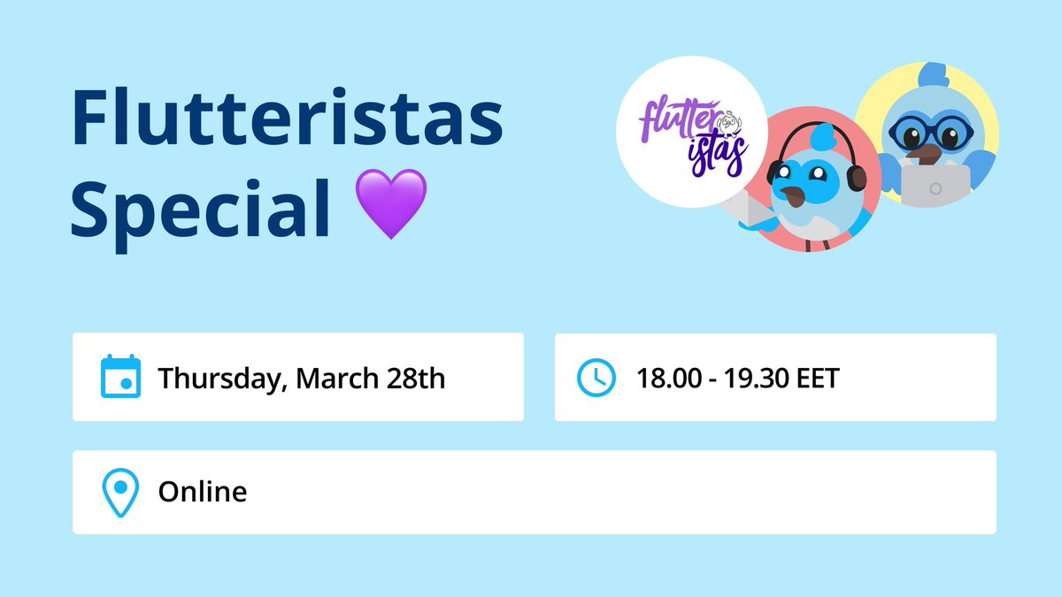 Flutter Riga (@flutter_riga) on Twitter photo March is a special month, as we celebrate the International Women's Day! Join us for this celebration at our next online event with <a href="/flutteristas/">Flutteristas ๐</a> ๐
Check out the full agenda and don't forget to RSVP here: meetup.com/flutter-riga/eโฆ March is a special month, as we celebrate the International Women's Day! Join us for this celebration at our next online event with <a href="/flutteristas/">Flutteristas ๐</a> ๐
Check out the full agenda and don't forget to RSVP here: meetup.com/flutter-riga/eโฆ