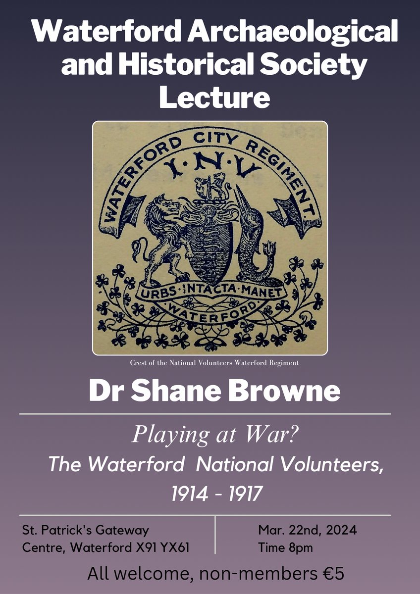 Our next lecture by Dr Shane Browne on Friday 22/03 will look at the Waterford Regiment of the National Volunteers @jameseogan @IrishSmuggling @ainenifaolain @clionampurcell @Russ_Parsons1 @tidesntales @shabrowne18