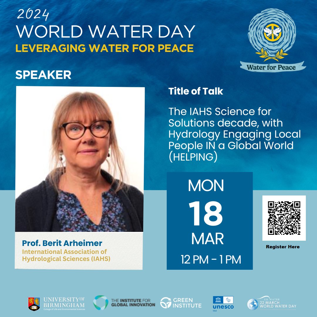 There's still time to register for today's #WorldWaterDay talk with Prof Berit Arheimer (@Hydro_research) from @IAHS_AISH. Click the link below to sign up for our Zoom meeting at 1200 (UK time). bham-ac-uk.zoom.us/webinar/regist…