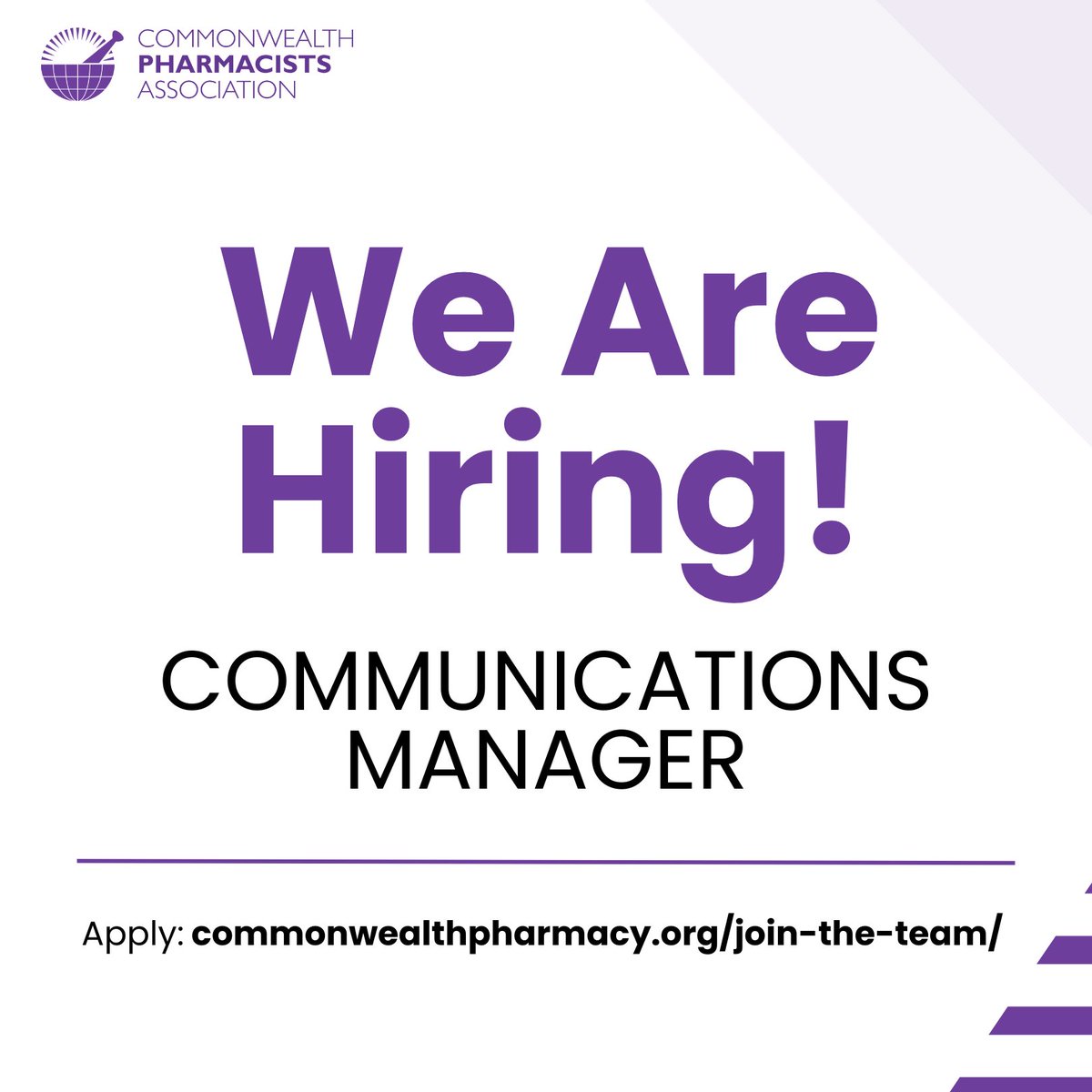 CW_Pharmacists's tweet photo. We're hiring a Communications Manager to elevate our work empowering Pharmacists across the Commonwealth! 

You'll share the stories behind our work, manage our digital channels, create engaging content, &amp; help improve global health.

Apply now: https://t.co/275VyKULYN #CPApharm https://t.co/nwyJnO0Vme
