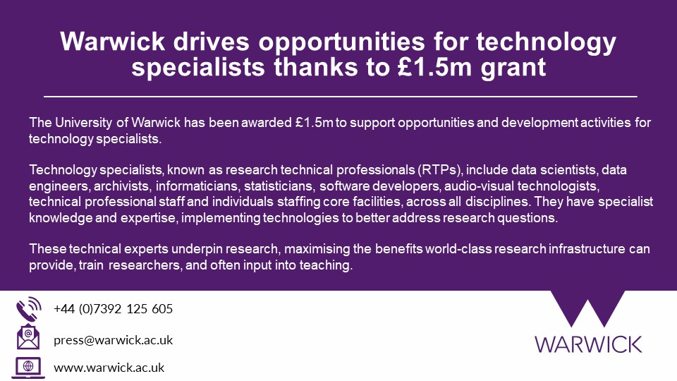 📰 PRESS RELEASE: Warwick drives opportunities for technology specialists thanks to £1.5m grant 👩‍🔬 👉warwick.ac.uk/newsandevents/… @Uniofwarwick @EPSRC @UKRI_News #researchtechnicalprofessionals