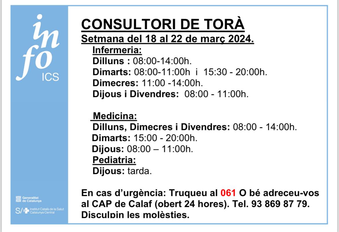 📢 Horaris del consultori mèdic del 18 fins al 22 de març