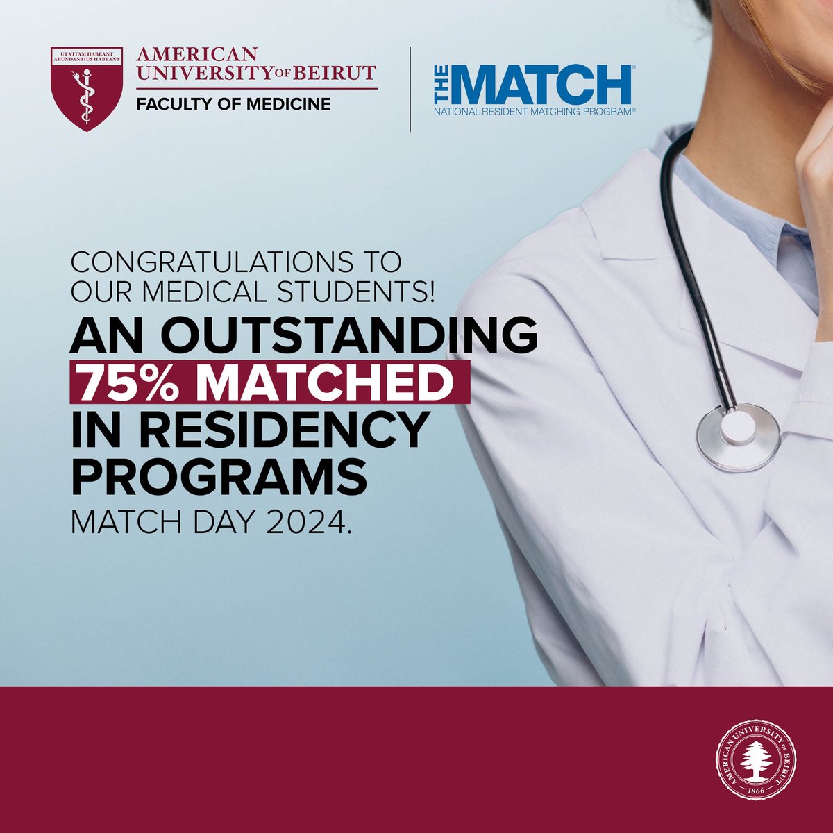 We are proud to share that 75% of our outstanding medical students have successfully matched with top residency programs on Match Day 2024! 🎉👩‍⚕️👨‍⚕️ Huge congratulations to each and every one of you on this remarkable achievement! 🌟 #MatchDay2024 #AUBProud #AUBMedicine #AUB
