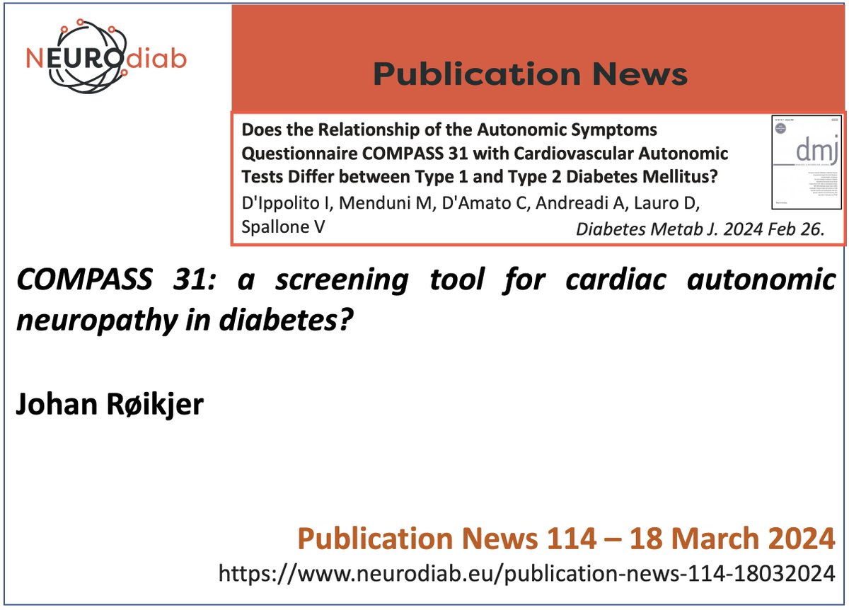 COMPASS 31: a screening tool for cardiac autonomic neuropathy in diabetes?
On Neurodiab website a signaling of articles on #diabeticneuropathy
The 114th NEUROdiab Publication News is by Johan Røikjer
(neurodiab.eu/publication-ne…)