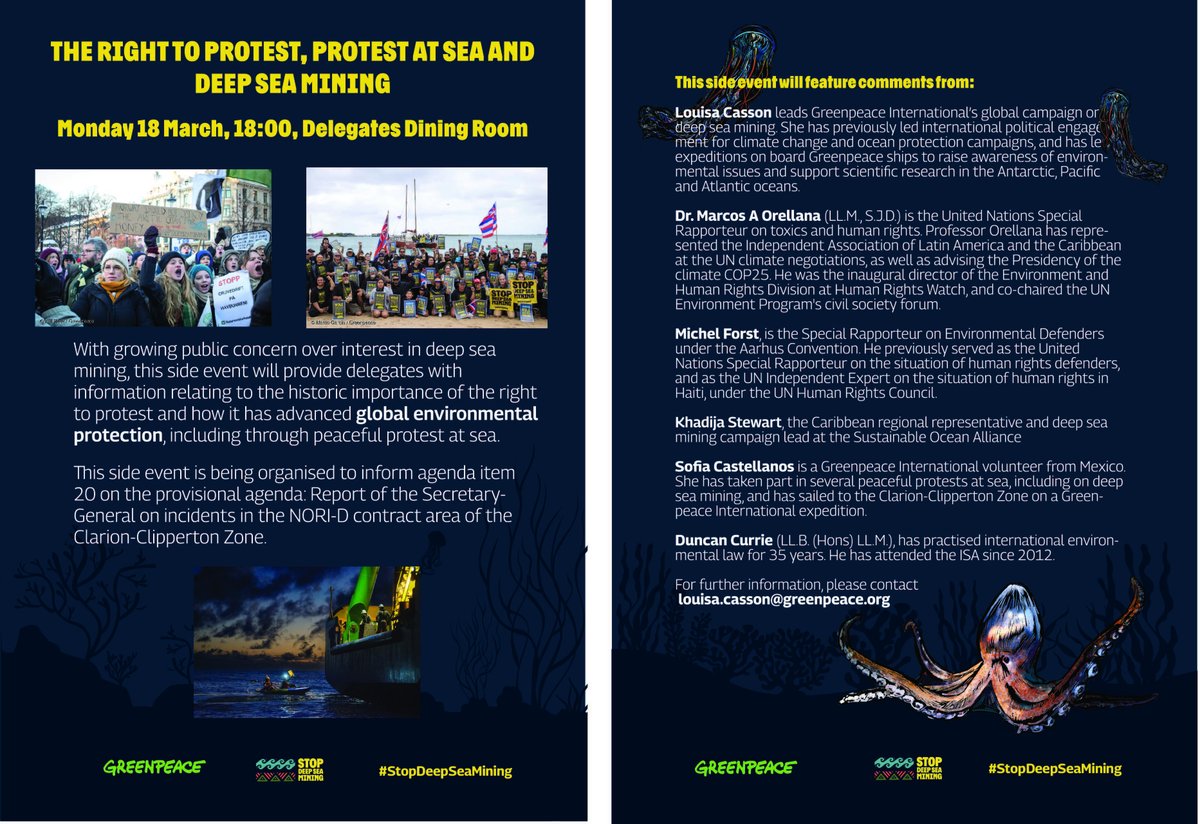 🌏🌊🦑🐠 I will speak tonight (6pm UTC -5) in support of #ProtestAtSea & #OceansDefenders during @Greenpeace event at #ISA29 My message: urging Member States of the International Seabed Authority @ISBAHQ to respect their obligations & protect #EnvironmentalDefenders @UNECEAarhus