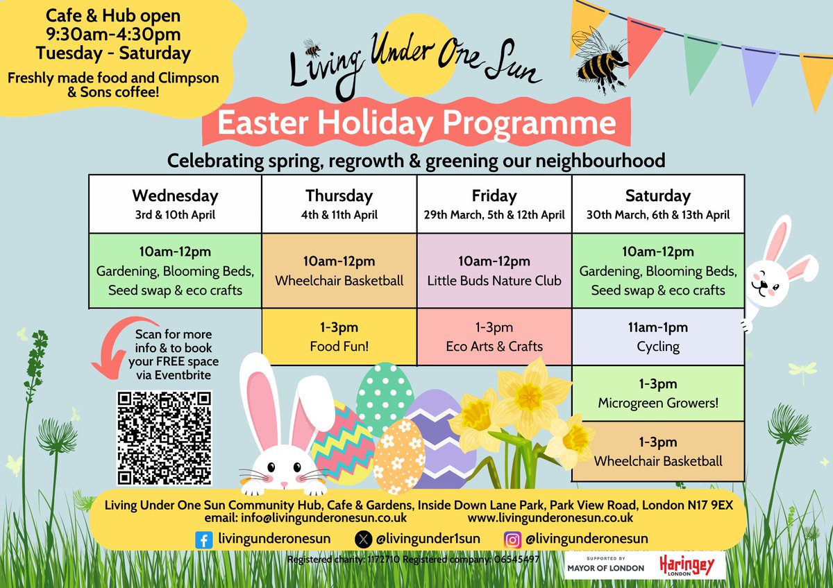 We are excited to launch our Easter programme! Join us for these FREE activities, taking place across the Easter holidays. Book your space via Eventbrite (link in bio!) or email info@livingunderonesun.co.uk