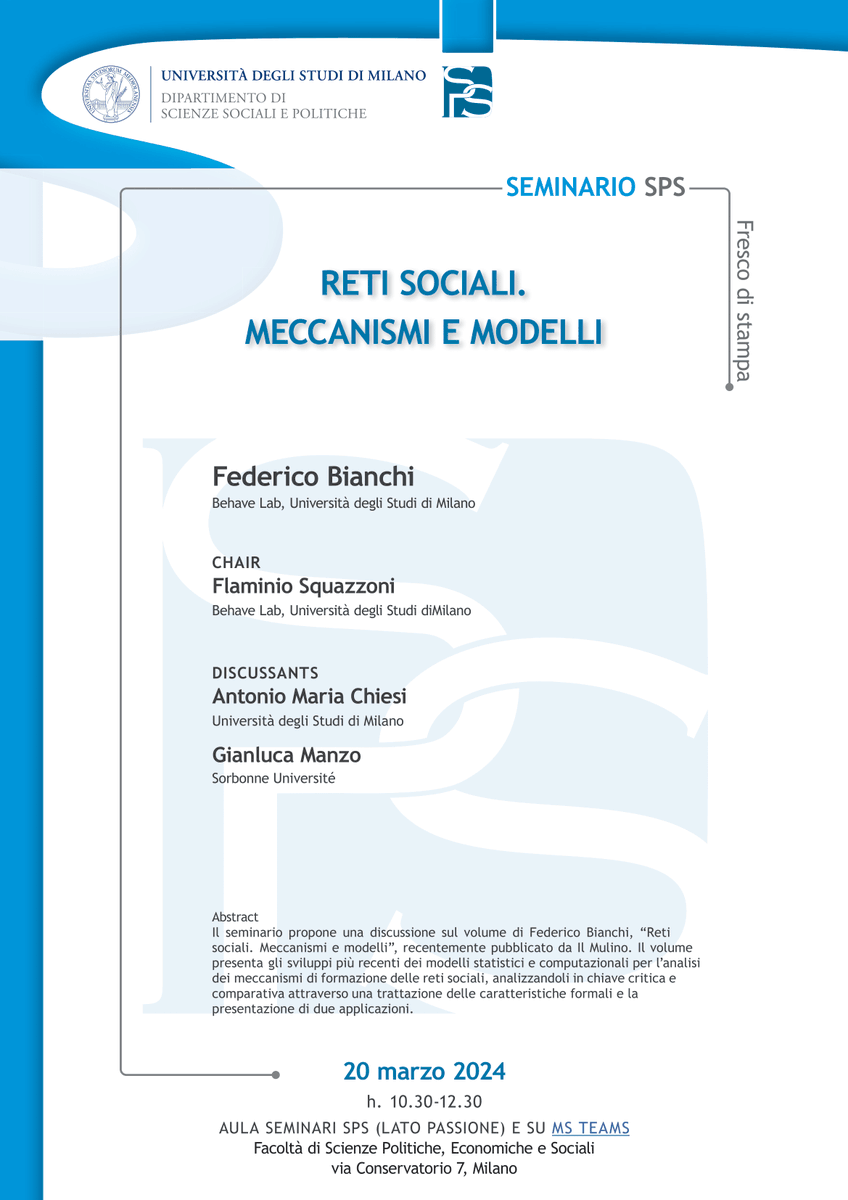 Federico Bianchi (@federico_fb) on Twitter photo Molto contento di annunciare che
*mercoledì 20/3 alle 10:30*
presenterò questo mio libro appena pubblicato per Il Mulino presso il <a href="/DipartimentoSPS/">Dip SPS - Unimi</a> <a href="/LaStatale/">Università degli Studi di Milano</a>
Ne discuterò con <a href="/glmanzo/">Gianluca Manzo</a> <a href="/squazzoni/">Flaminio Squazzoni</a> e Antonio Chiesi
Per chi volesse seguirci su MS Teams:
tinyurl.com/yk3e4rbe Molto contento di annunciare che
*mercoledì 20/3 alle 10:30*
presenterò questo mio libro appena pubblicato per Il Mulino presso il <a href="/DipartimentoSPS/">Dip SPS - Unimi</a> <a href="/LaStatale/">Università degli Studi di Milano</a>
Ne discuterò con <a href="/glmanzo/">Gianluca Manzo</a> <a href="/squazzoni/">Flaminio Squazzoni</a> e Antonio Chiesi
Per chi volesse seguirci su MS Teams:
tinyurl.com/yk3e4rbe