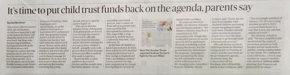 Andrew Turner (@andrewofsussex) on Twitter photo Huge thanks to <a href="/R_A_Mortimer/">Rachel Mortimer</a> and <a href="/thetimes/">The Times and The Sunday Times</a> for yesterday’s excellent article on the Child Trust Find access issue.
Tomorrow’s Westminster Hall debate could offer thousands of young people like Ryan and Mikey the opportunity to enjoy £ms of their savings.
<a href="/contactfamilies/">Contact</a> Huge thanks to <a href="/R_A_Mortimer/">Rachel Mortimer</a> and <a href="/thetimes/">The Times and The Sunday Times</a> for yesterday’s excellent article on the Child Trust Find access issue.
Tomorrow’s Westminster Hall debate could offer thousands of young people like Ryan and Mikey the opportunity to enjoy £ms of their savings.
<a href="/contactfamilies/">Contact</a>
