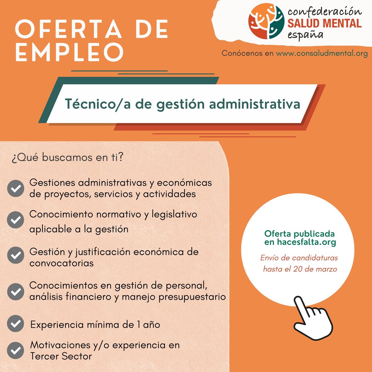📢¿Buscas EMPLEO? Salud Mental España tiene dos vacantes a cubrir en su sede de Madrid. Son estas:

➡️Técnico/a  de capacitación y desarrollo de personas: hacesfalta.org/oportunidades/…

➡️Técnico/a de gestión administrativa:
hacesfalta.org/oportunidades/…

#SaludMental #empleo