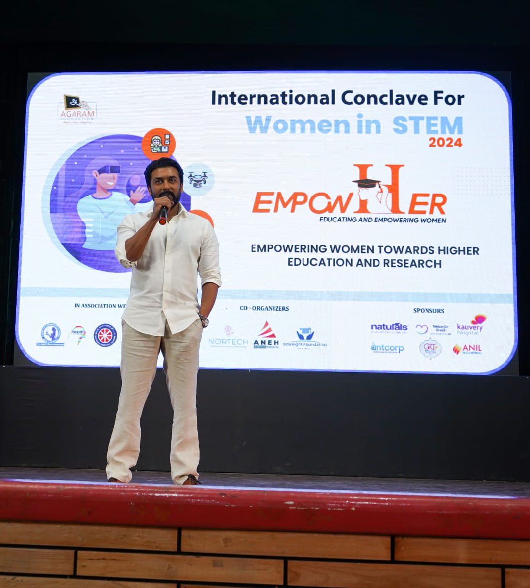 rameshlaus's tweet photo. Actor @Suriya_offl Gave A Speech Infront of Students At "International Conclave For Women In Stem" Regarding Empowering Women Towards Higher Education And Research Organized By @agaramvision 

@prosathish

#EmpowHER2024 #WomenInSTEM #InternationalConference2024 #WomenEmpowerment2024 
#agaramfoundation 
#agaramvidhai