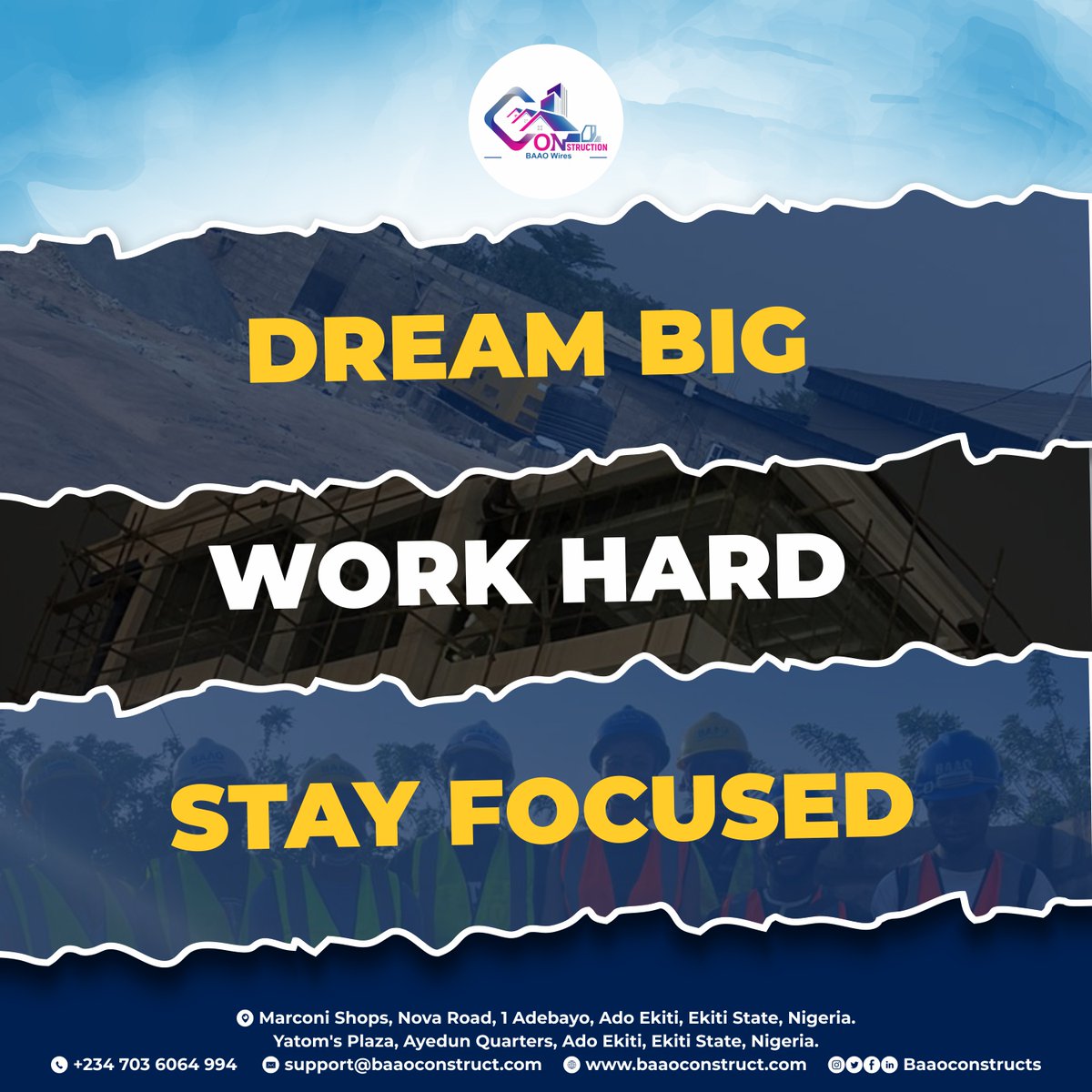 HAPPY MONDAY to Everyone, We encourage you to DREAM BIG | WORK HARD | STAY FOCUSED. 
#baaoconstructs #construction #constructionlife #engineering #solar #building #wiring #satelite #engineer #whychooseus #experience #bestmaterials #professionalstandards #Tiling #Painting #AC