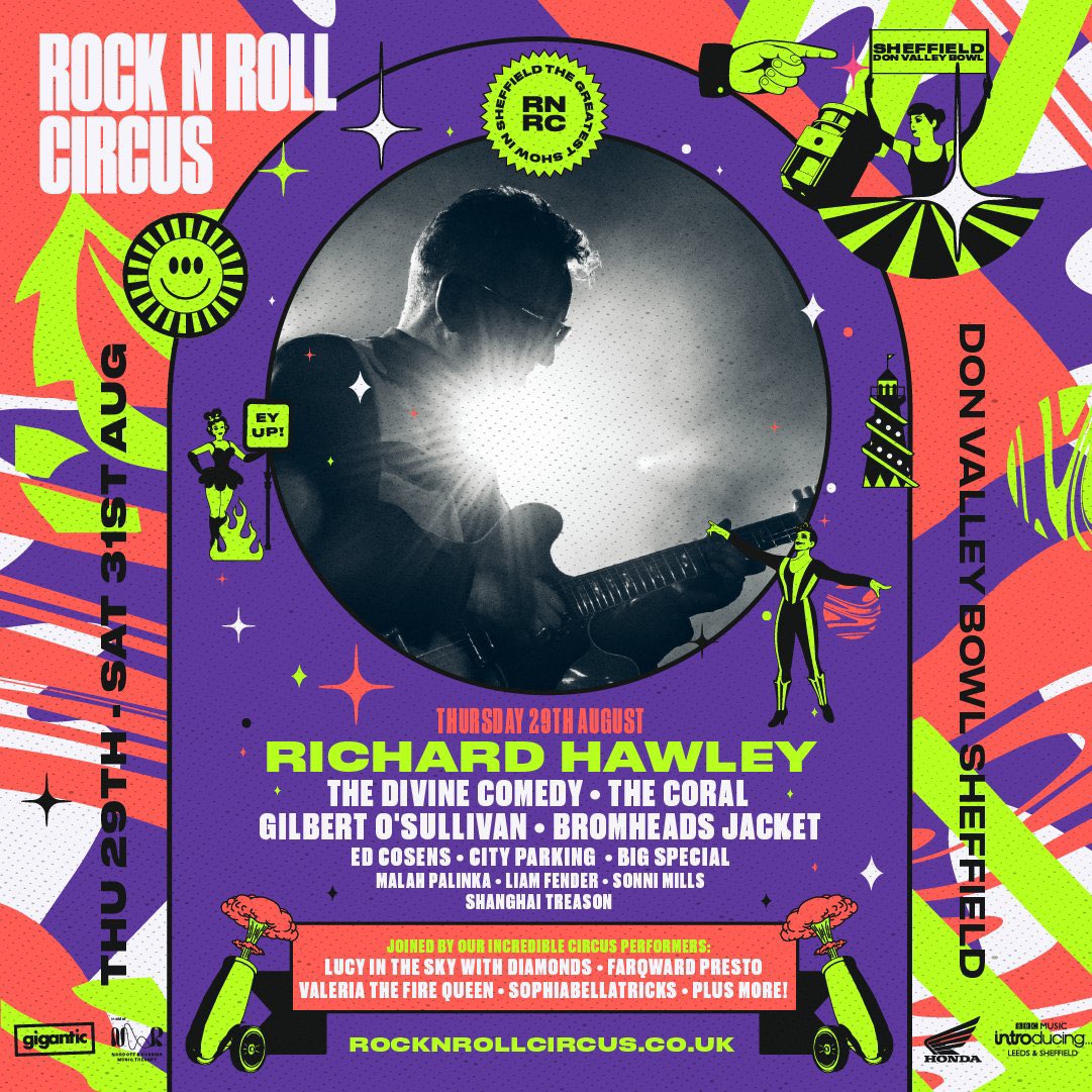 Rock N Roll Circus 2024! 🎶 I am pleased to announce that I will be a very special guest of @richardhawley Join me at Don Valley Bowl, Sheffield on Thursday 29th August with @thecoralband & @divinecomedy Tickets available here: rocknrollcircus.gigantic.com/rock-n-roll-ci… @RandRCircus…